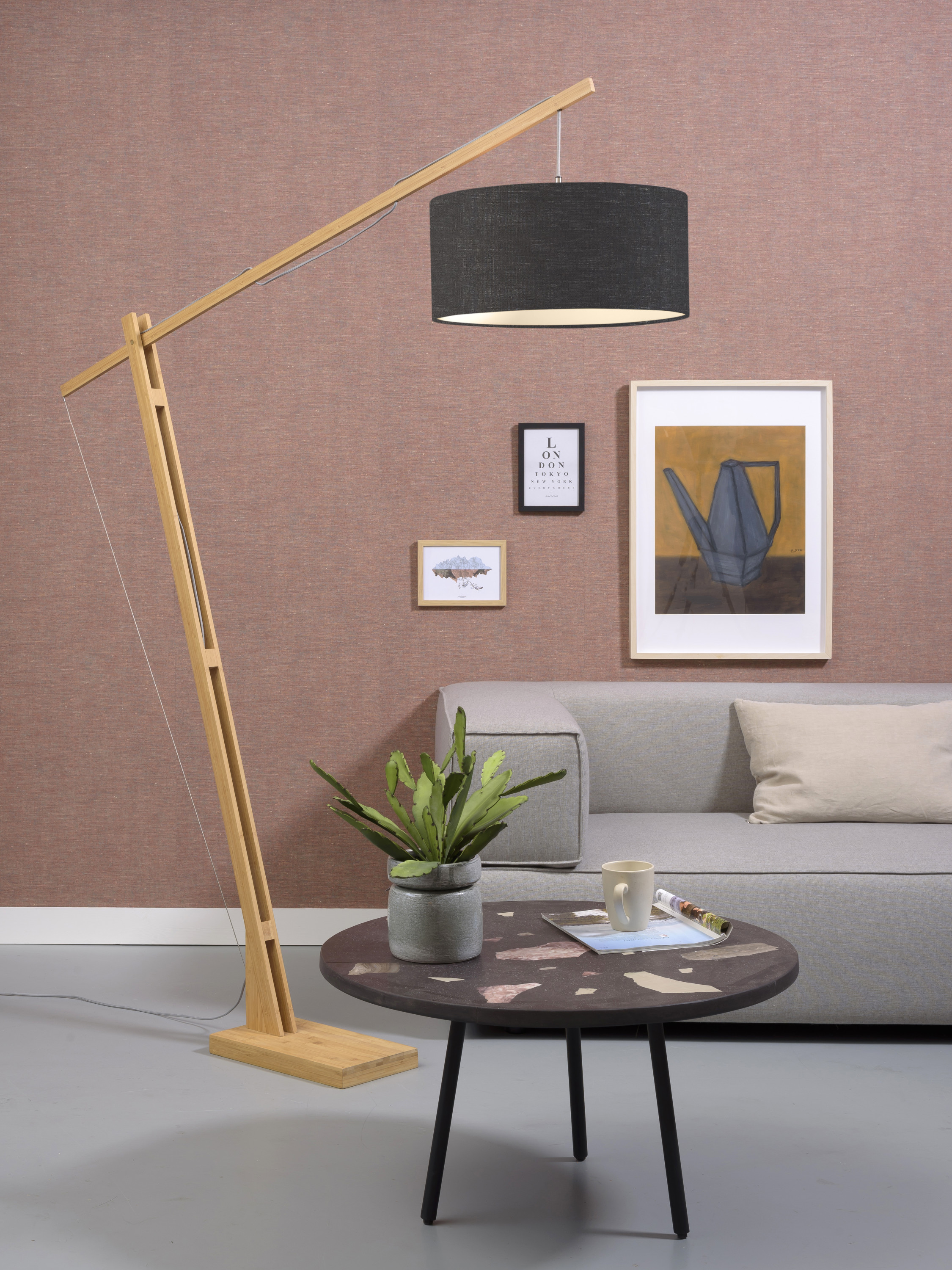 Floor lamp Montblanc bamboo h.207/shade 47x23cm eco linen, dark grey