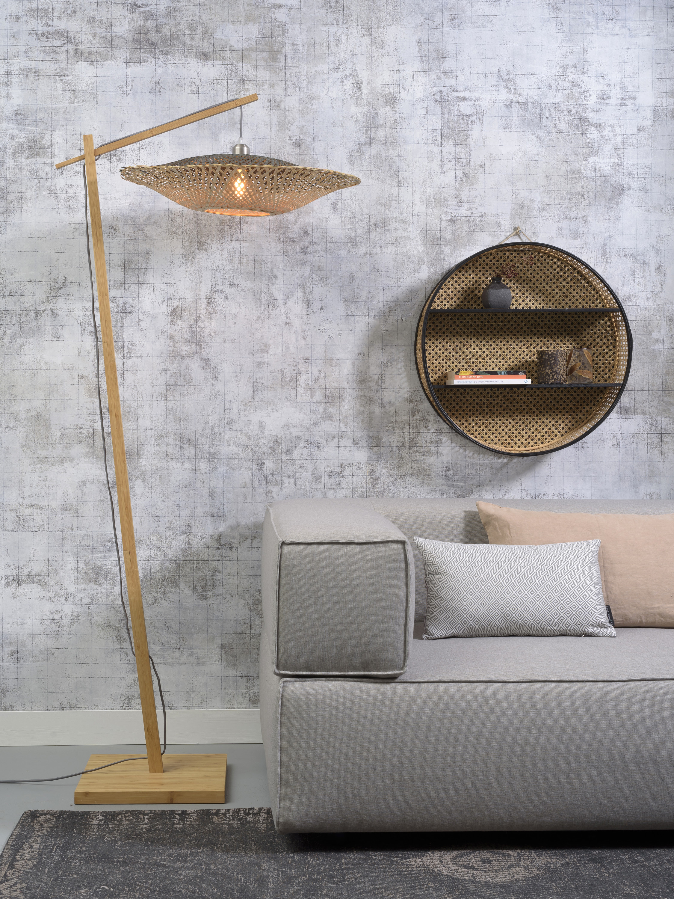 Floor lamp Kalimantan bamboo nat.h.176cm/shade horiz.60x15cm nat/bl.
