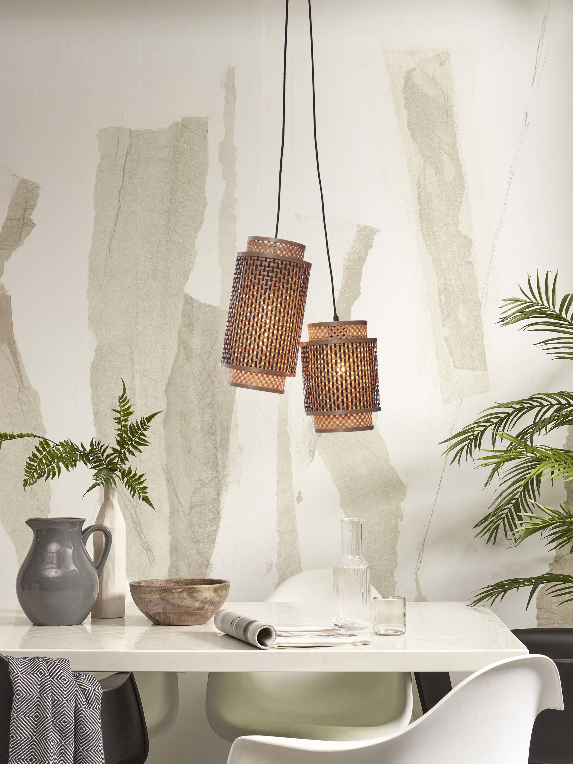 Hanging lamp Bhutan bamboo/2-shades mix h.25+35cm bl/natural