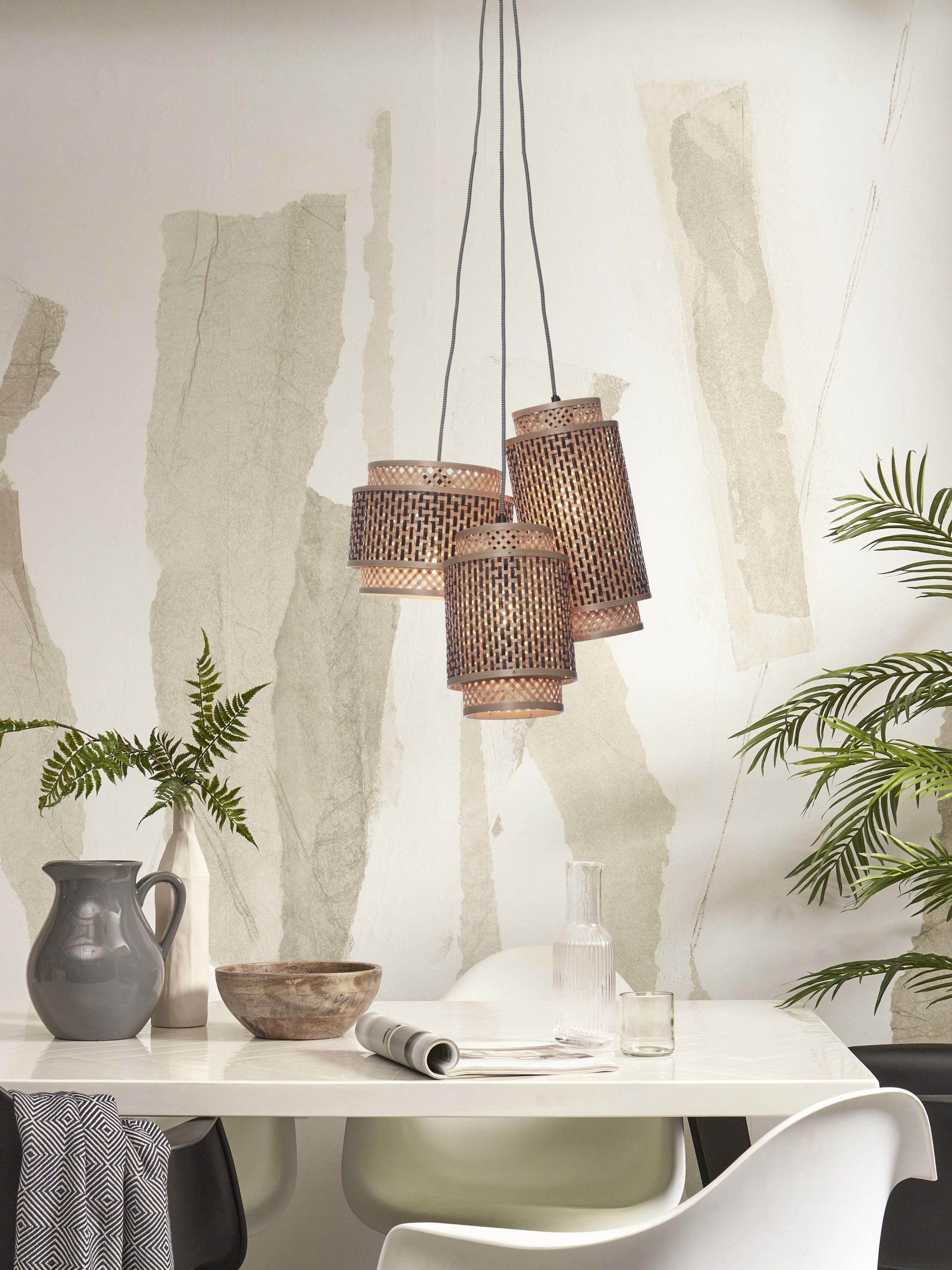 Hanging lamp Bhutan bamboo/3-shades mix h.20-25-35cm bl/natural