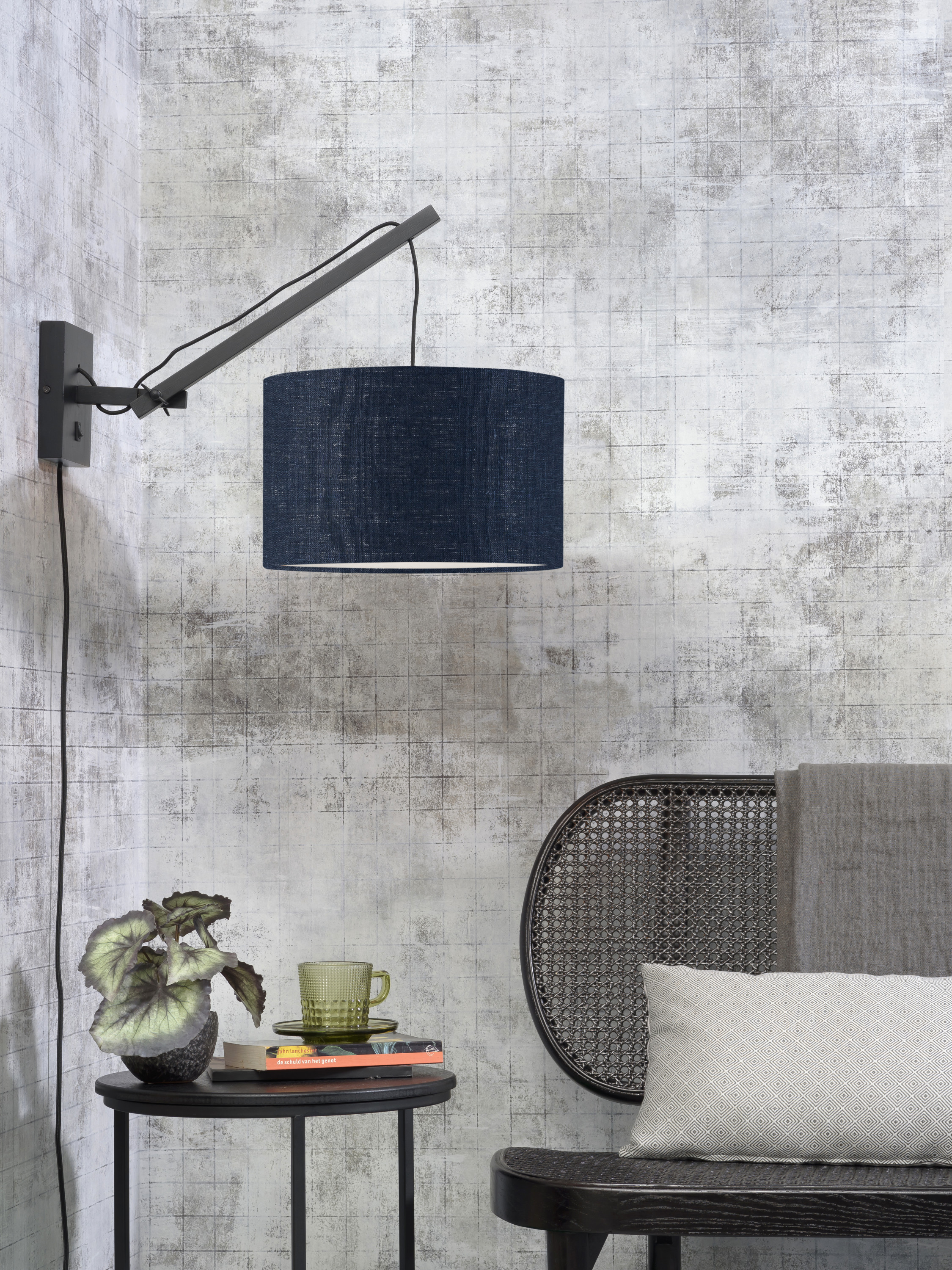 Wall lamp Andes bamboo black/shade 32x20cm ecolin. bl.denim, S