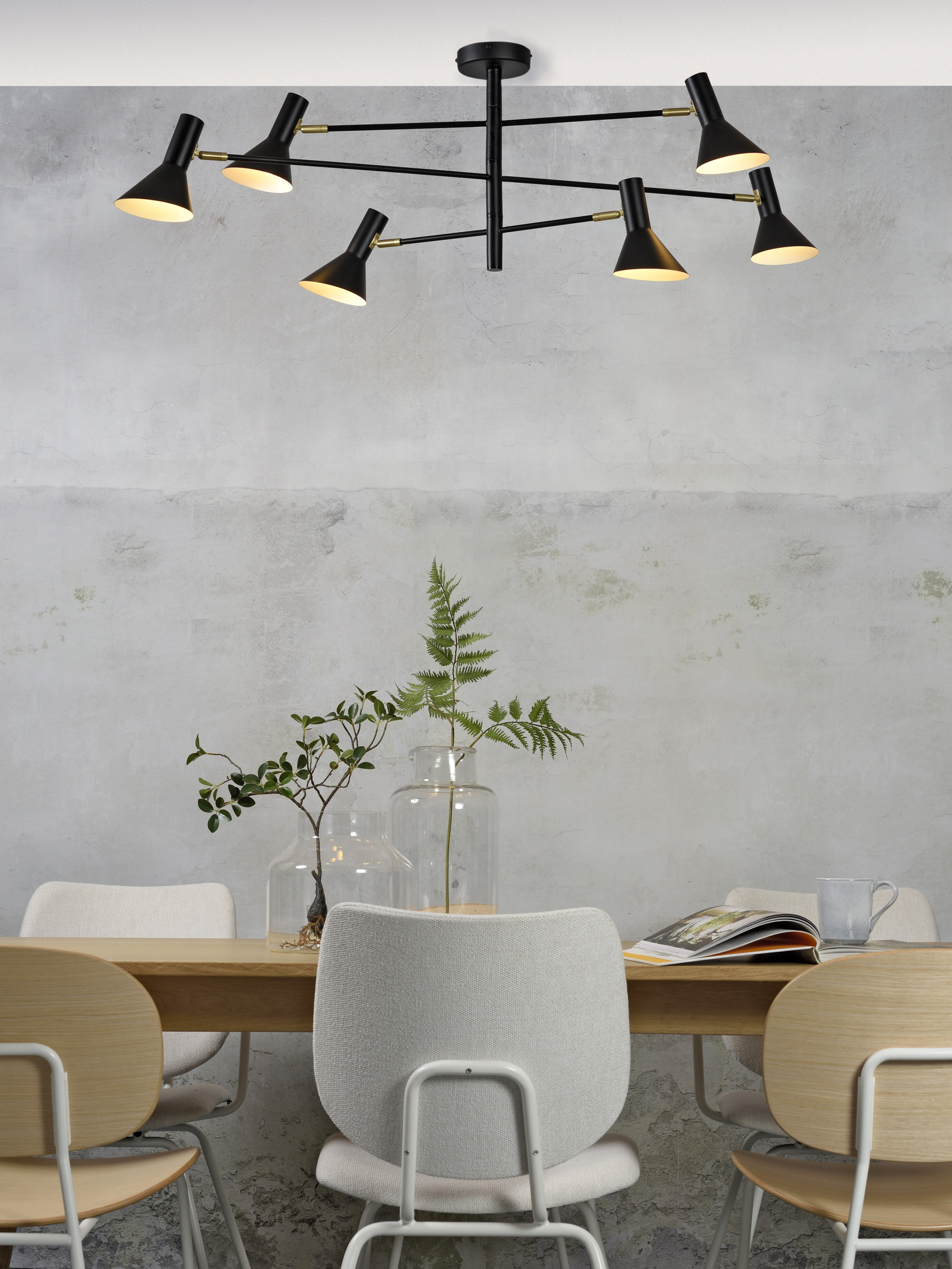 Ceiling lamp iron Izmir 3-arms w.124xh.39cm/6 shades h.17x13,5cm black/gold accent
